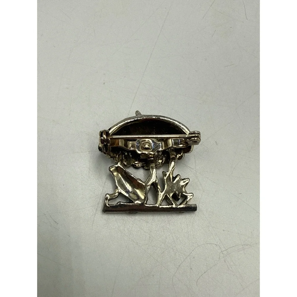 Vintage Frog Under‎ Umbrella Brooch Silver Tone Black Enamel Animal Pin